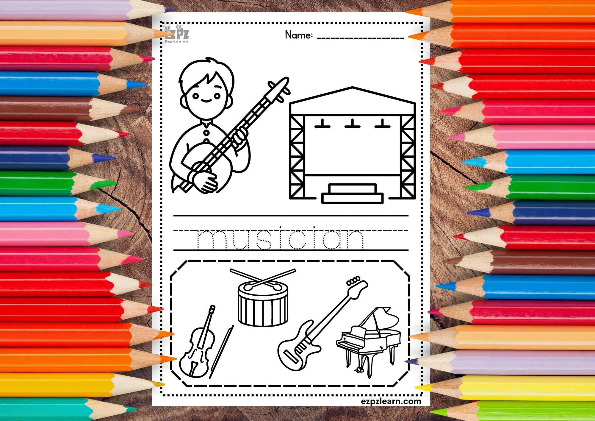 Musician Coloring and Trace the Word Page Jobs Topic for Kids